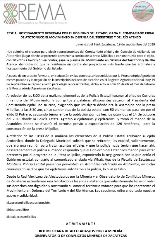 COMUNICADO «PESE AL HOSTIGAMIENTO GENERADA POR EL GOBIERNO DEL ESTADO, GANA EL COMISARIADO EJIDAL DE ATOTONILCO EL MOVIMIENTO EN DEFENSA DEL TERRITORIO Y DEL RÍO ATENCO»
