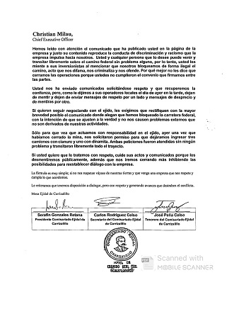 Comunicado del  Ejido de Carrizalillo en respuesta a la empresa  Equinox Gold